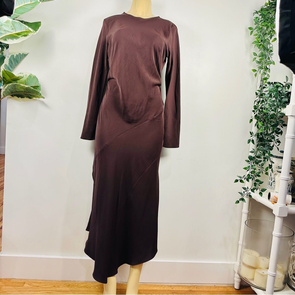 New MNG Maxi Dress Sz 8 / L Cinched Waist Fit Flare Brown Long Sleeves Mango